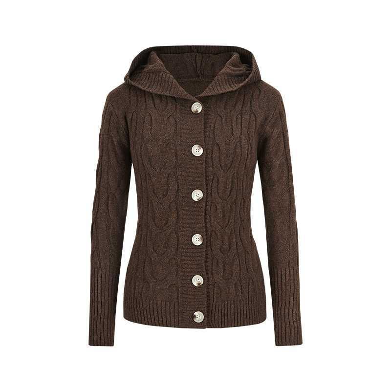 Hooded Button-Up Plain Cable Knit Cardigan