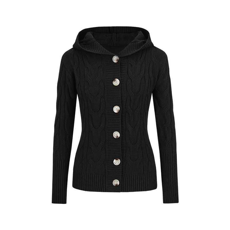 Hooded Button-Up Plain Cable Knit Cardigan