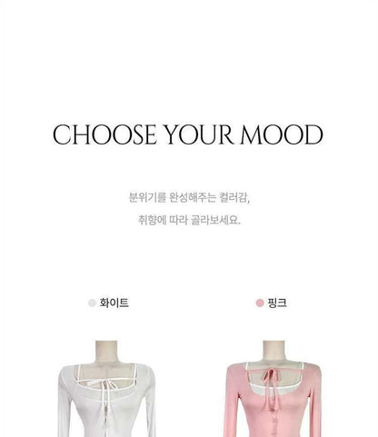 Set: Plain Crop Camisole Top + Scoop Neck Tie Front Button-Up Sheer Cardigan