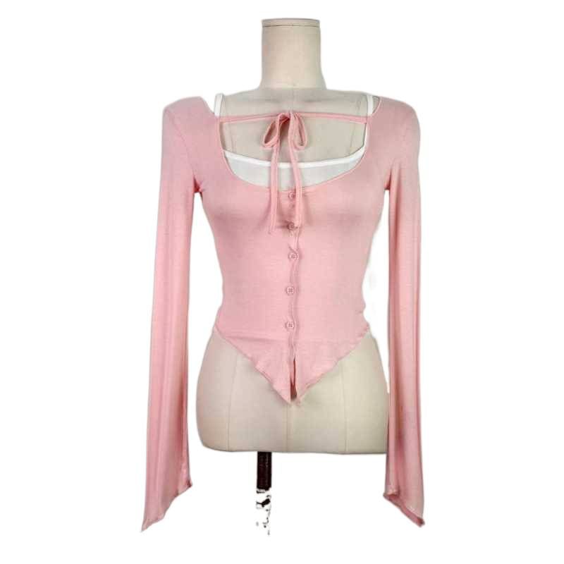 Set: Plain Crop Camisole Top + Scoop Neck Tie Front Button-Up Sheer Cardigan