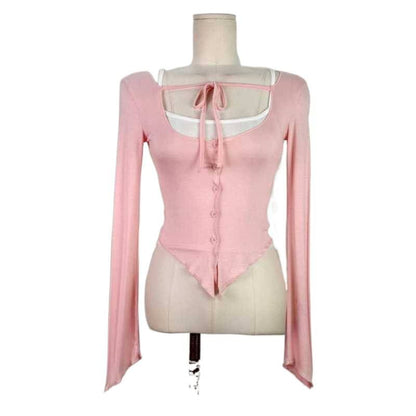 Set: Plain Crop Camisole Top + Scoop Neck Tie Front Button-Up Sheer Cardigan