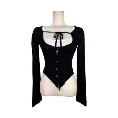 Set: Plain Crop Camisole Top + Scoop Neck Tie Front Button-Up Sheer Cardigan