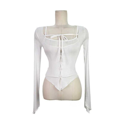 Set: Plain Crop Camisole Top + Scoop Neck Tie Front Button-Up Sheer Cardigan