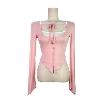 Set: Plain Crop Camisole Top + Scoop Neck Tie Front Button-Up Sheer Cardigan