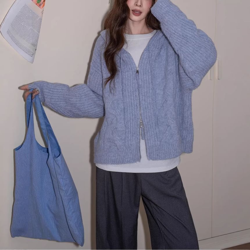 Plain Hood Cable Knit Zip Cardigan