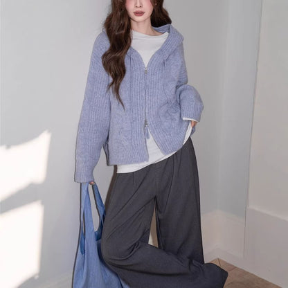 Plain Hood Cable Knit Zip Cardigan