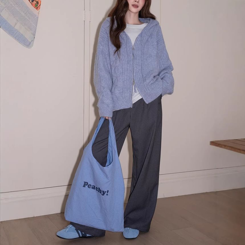Plain Hood Cable Knit Zip Cardigan