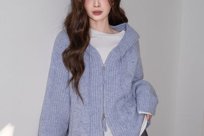Plain Hood Cable Knit Zip Cardigan