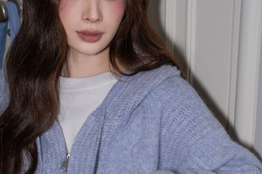 Plain Hood Cable Knit Zip Cardigan