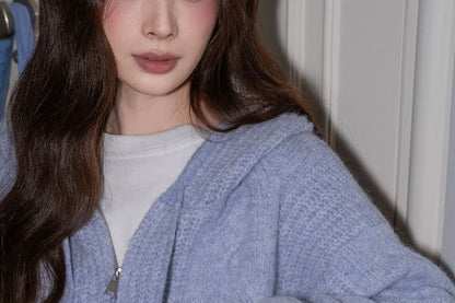 Plain Hood Cable Knit Zip Cardigan