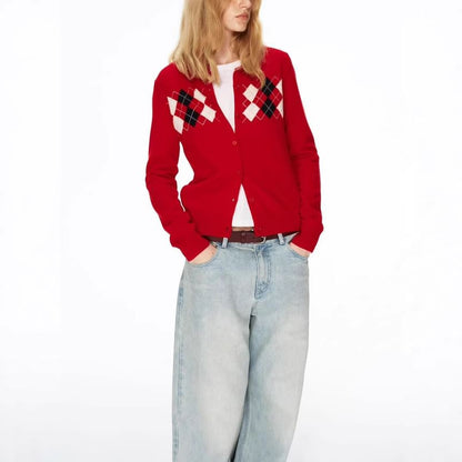 Round Neck Argyle Cardigan