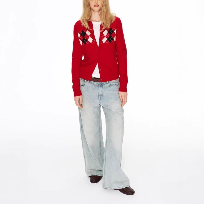 Round Neck Argyle Cardigan