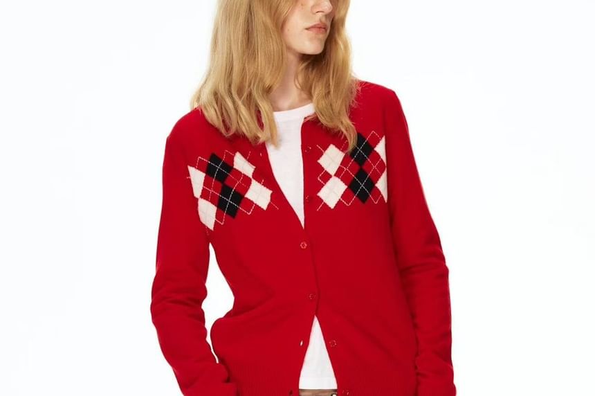 Round Neck Argyle Cardigan