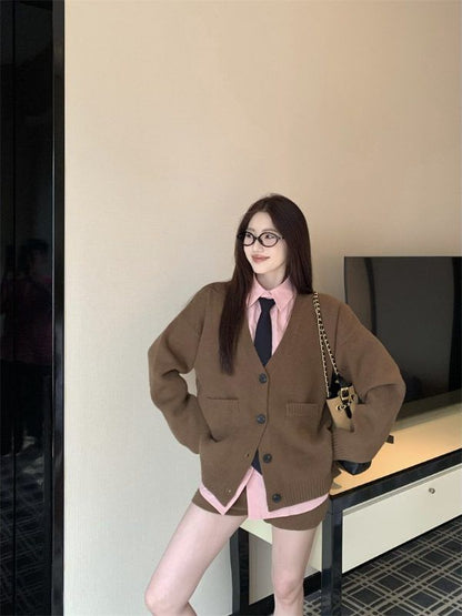 V-Neck Plain Button Up Cardigan / Long-Sleeve Collared Plain Neck Tie Shirt / Mid Rise Plain Shorts