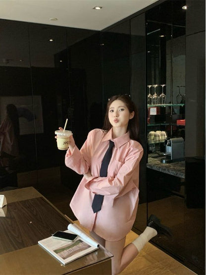 V-Neck Plain Button Up Cardigan / Long-Sleeve Collared Plain Neck Tie Shirt / Mid Rise Plain Shorts