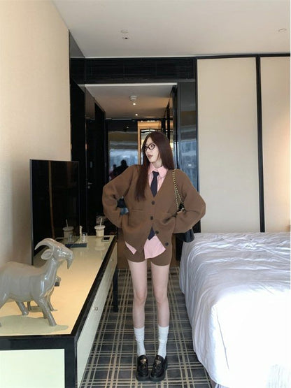 V-Neck Plain Button Up Cardigan / Long-Sleeve Collared Plain Neck Tie Shirt / Mid Rise Plain Shorts