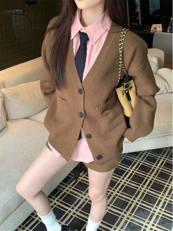 V-Neck Plain Button Up Cardigan / Long-Sleeve Collared Plain Neck Tie Shirt / Mid Rise Plain Shorts