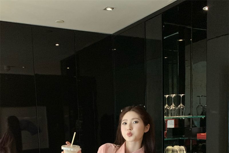 V-Neck Plain Button Up Cardigan / Long-Sleeve Collared Plain Neck Tie Shirt / Mid Rise Plain Shorts