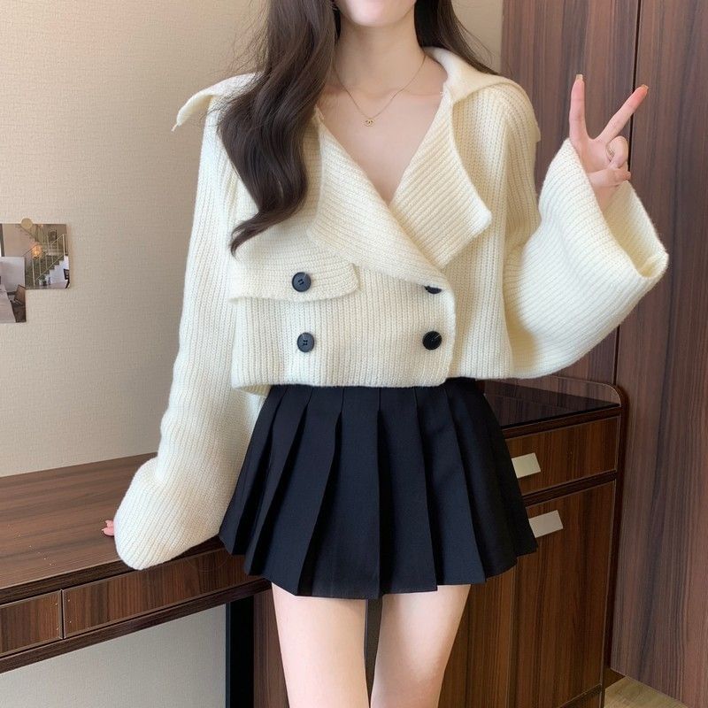 Double Breasted Plain Crop Cardigan