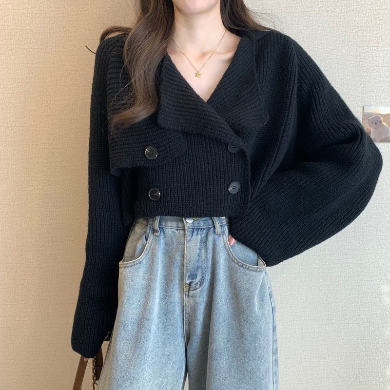 Double Breasted Plain Crop Cardigan