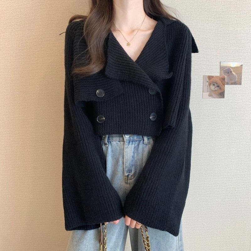 Double Breasted Plain Crop Cardigan