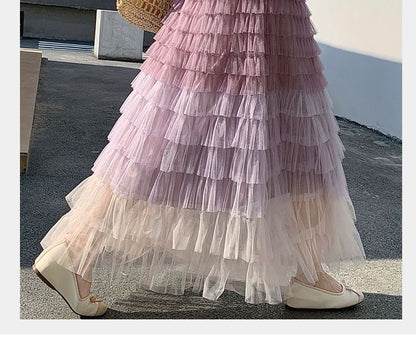 Gradient Tiered Ruffle Mesh Maxi Skirt