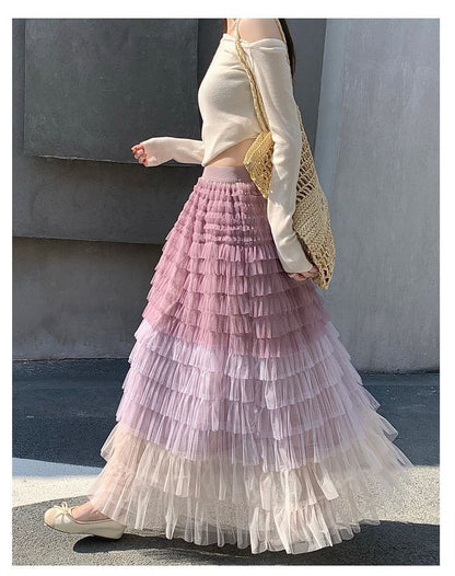 Gradient Tiered Ruffle Mesh Maxi Skirt