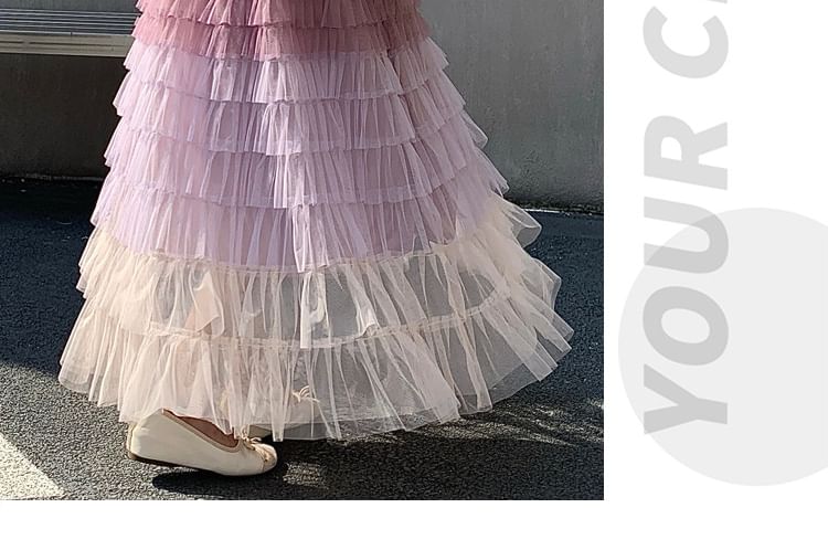 Gradient Tiered Ruffle Mesh Maxi Skirt