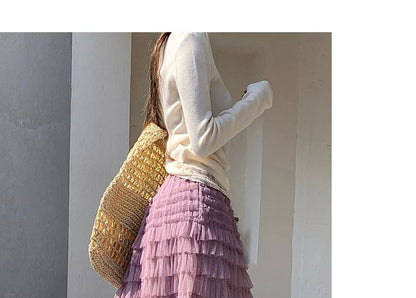 Gradient Tiered Ruffle Mesh Maxi Skirt