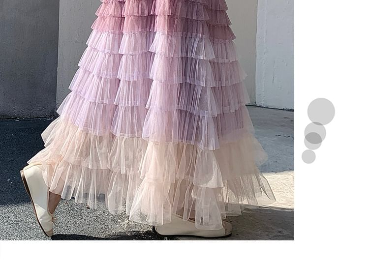 Gradient Tiered Ruffle Mesh Maxi Skirt