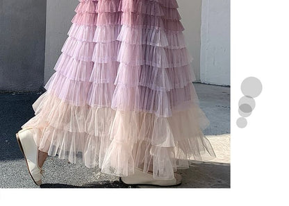 Gradient Tiered Ruffle Mesh Maxi Skirt