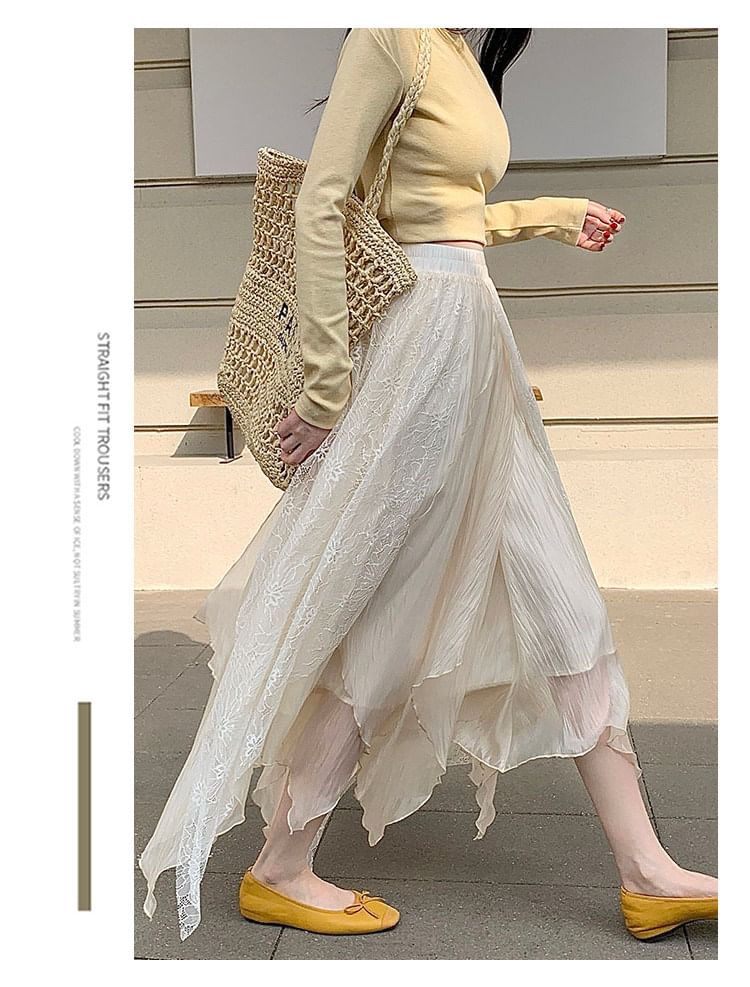 Asymmetrical Lace Panel Midi Skirt