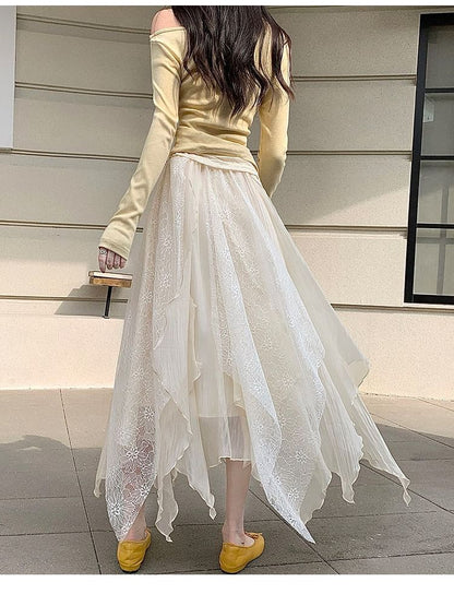 Asymmetrical Lace Panel Midi Skirt