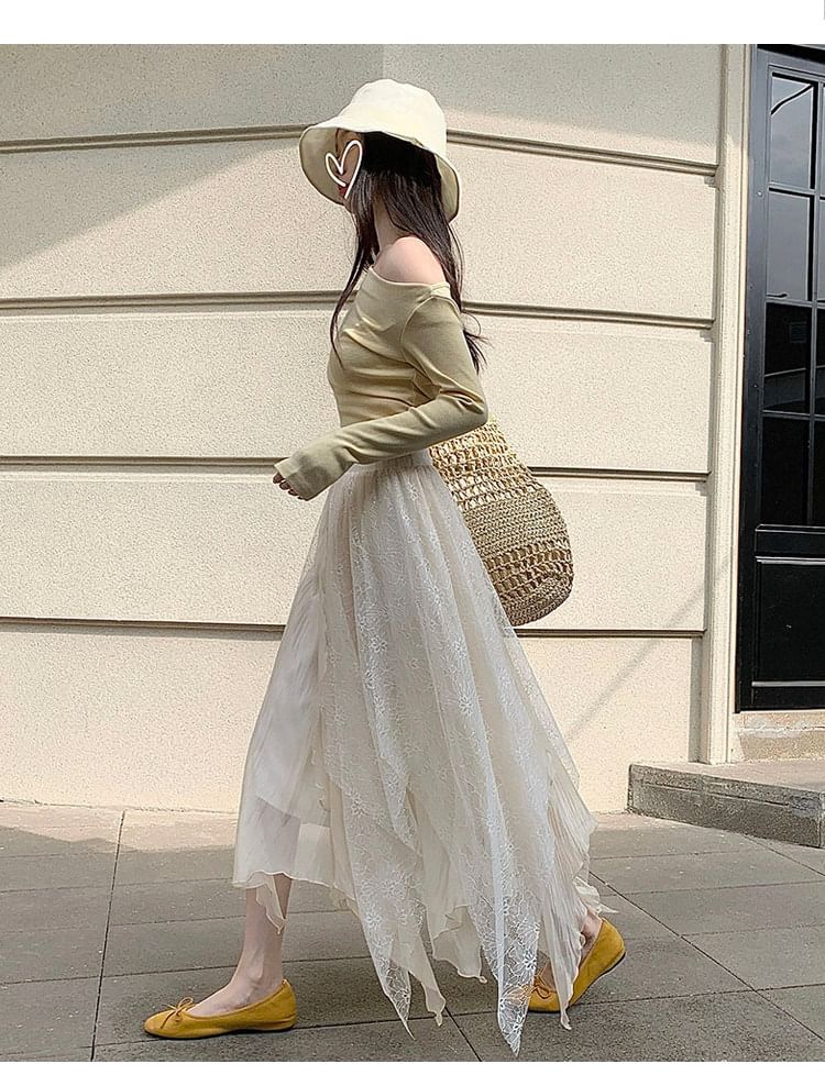 Asymmetrical Lace Panel Midi Skirt