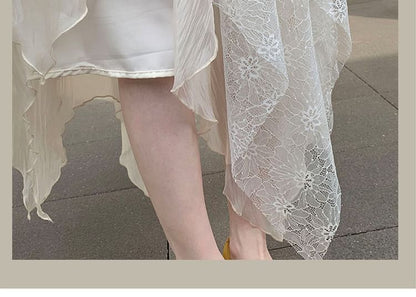 Asymmetrical Lace Panel Midi Skirt