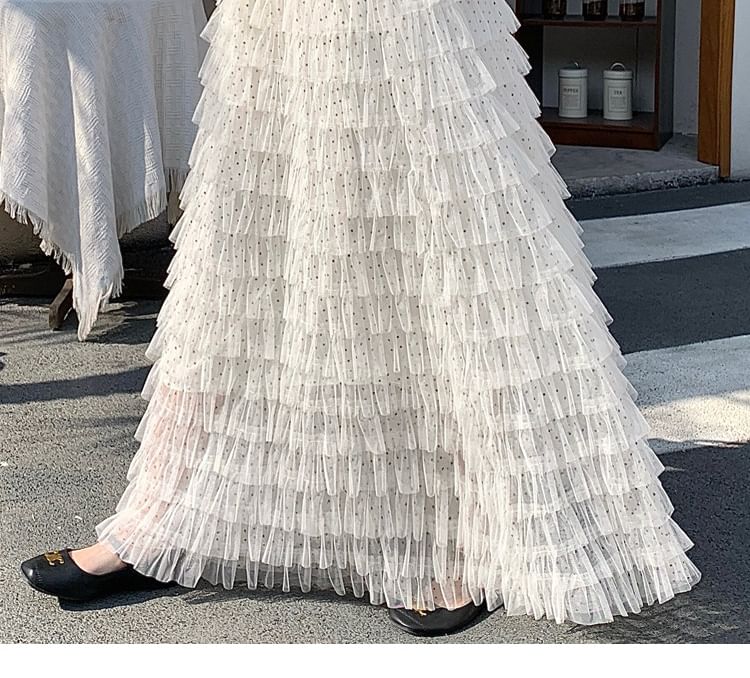 Polka Dot Tiered Ruffle Mesh Maxi Skirt