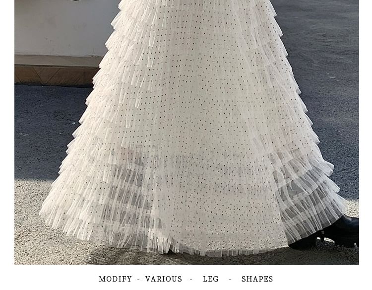 Polka Dot Tiered Ruffle Mesh Maxi Skirt