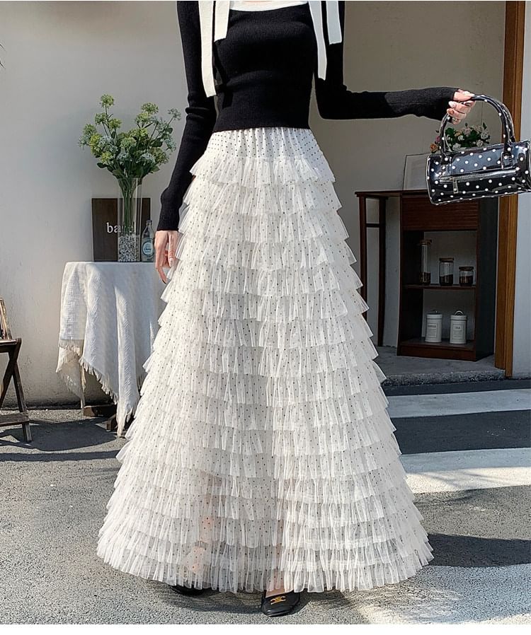 Polka Dot Tiered Ruffle Mesh Maxi Skirt