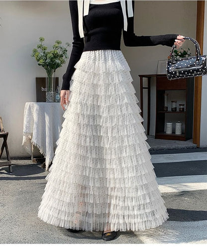 Polka Dot Tiered Ruffle Mesh Maxi Skirt