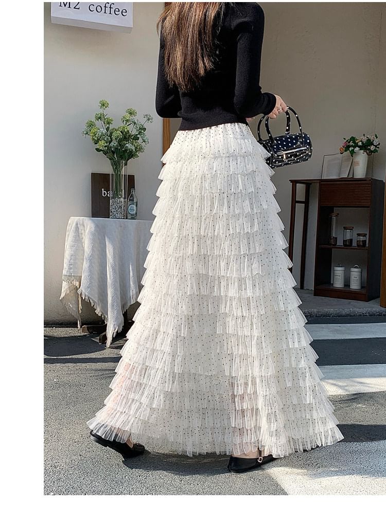 Polka Dot Tiered Ruffle Mesh Maxi Skirt