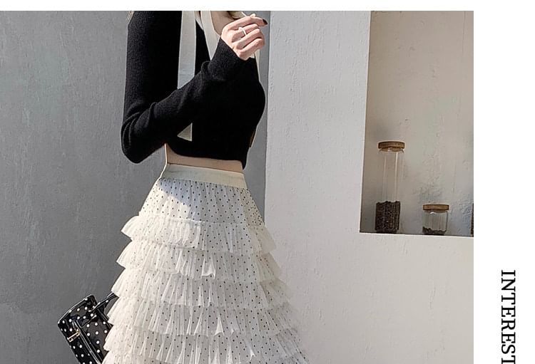 Polka Dot Tiered Ruffle Mesh Maxi Skirt