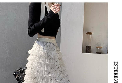 Polka Dot Tiered Ruffle Mesh Maxi Skirt