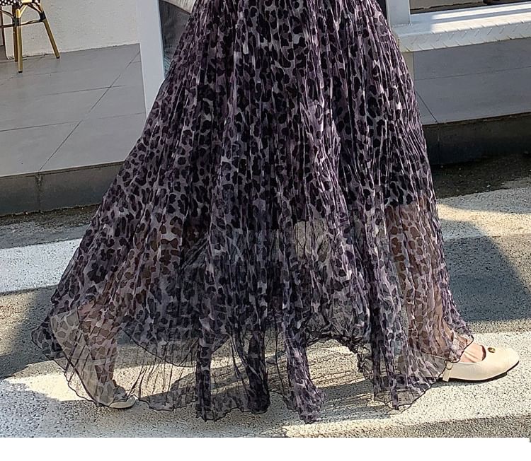 Leopard Print Crinkle Mesh Maxi Skirt