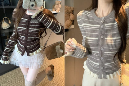 Round Neck Striped Ruffle Cardigan