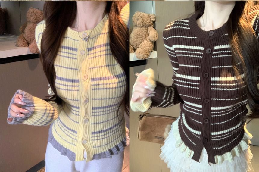 Round Neck Striped Ruffle Cardigan