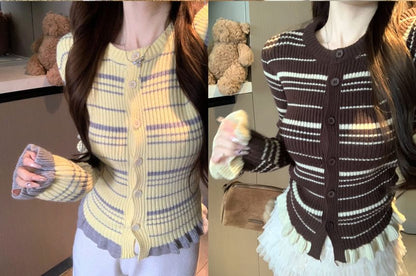 Round Neck Striped Ruffle Cardigan