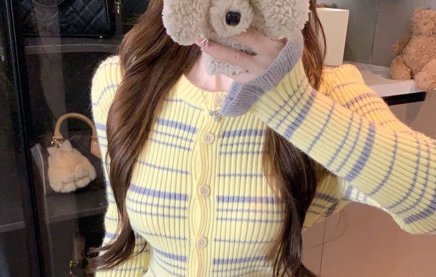 Round Neck Striped Ruffle Cardigan