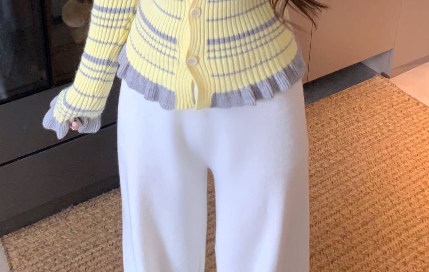 Round Neck Striped Ruffle Cardigan