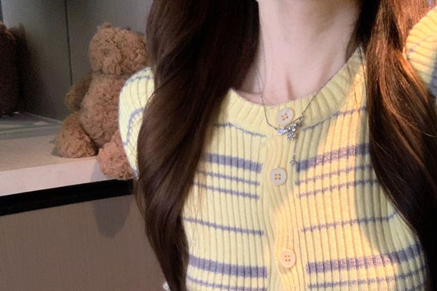 Round Neck Striped Ruffle Cardigan