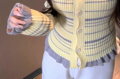 Round Neck Striped Ruffle Cardigan